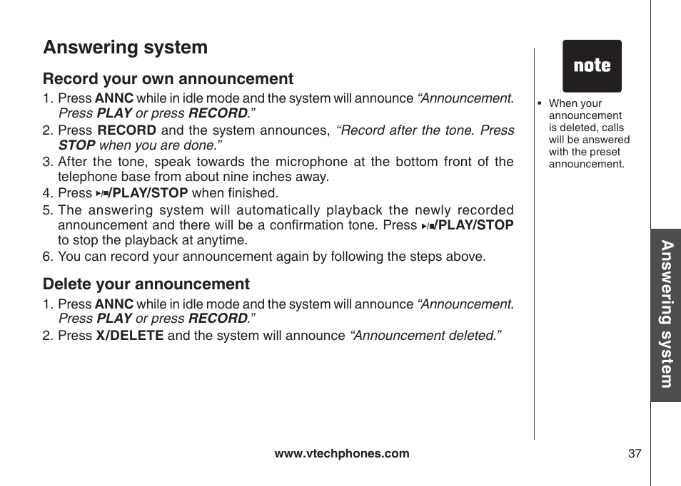 Record your own announcement, Delete your announcement, Answering system | VTech CS5123 User Manual | Page 41 / 69