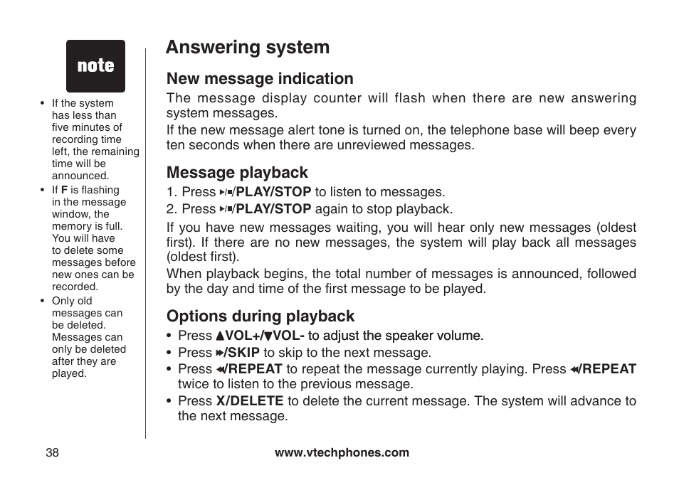 New message indication, Message playback, Options during playback | New message ndcaton, Optons durng playback, Answering system | VTech CS5123 User Manual | Page 42 / 69