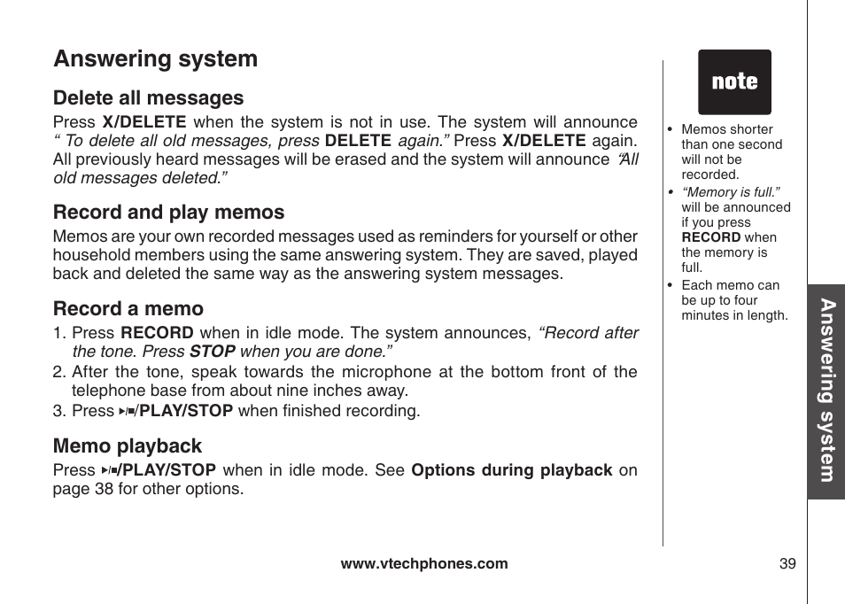 Delete all messages, Record and play memos, Record a memo | Memo playback, Answering system, Ans w er in g s ys te m delete all messages | VTech CS5123 User Manual | Page 43 / 69