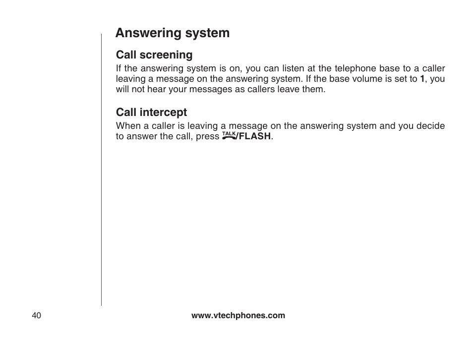 Call screening, Call intercept, Call screenng | Call ntercept, Answering system | VTech CS5123 User Manual | Page 44 / 69