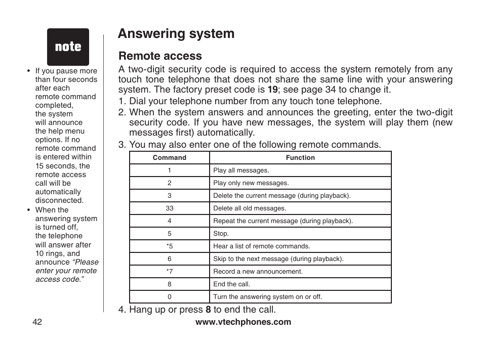 Remote access, Answering system | VTech CS5123 User Manual | Page 46 / 69