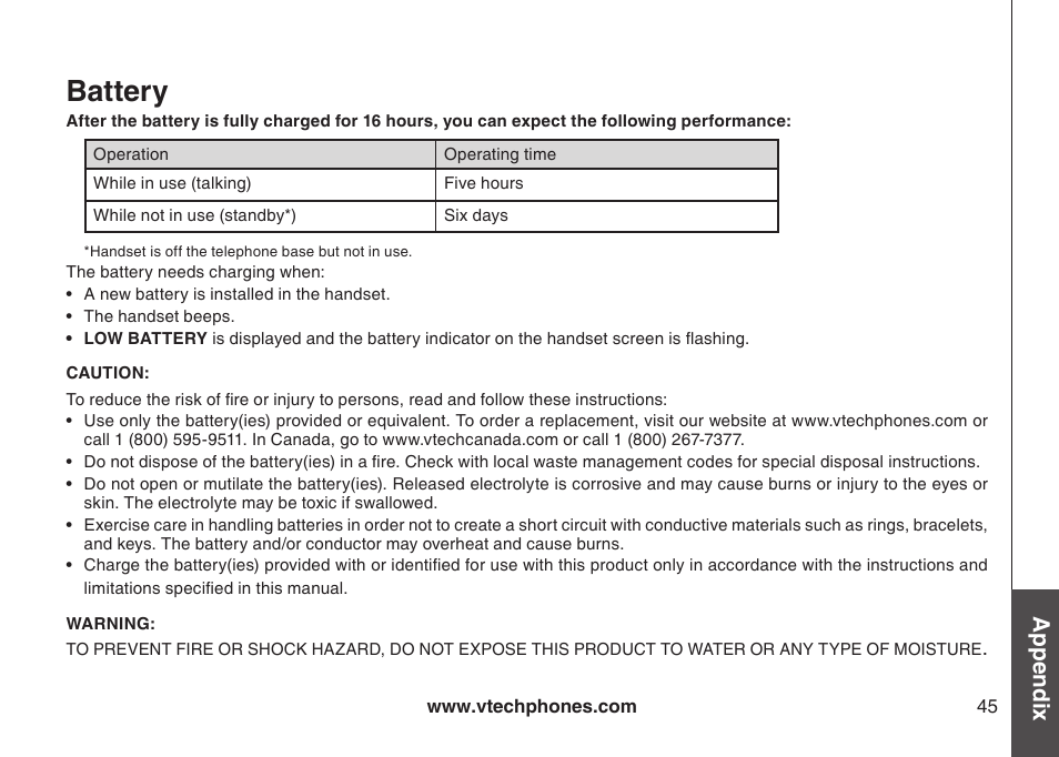 Battery, Appendix | VTech CS5123 User Manual | Page 49 / 69