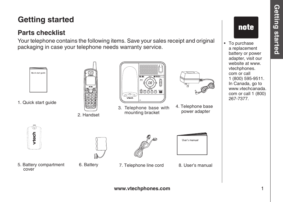 Getting started, Parts checklist, Parts checklst | Gett in g s ta rte d, Bas ic o pe ra tio n | VTech CS5123 User Manual | Page 5 / 69