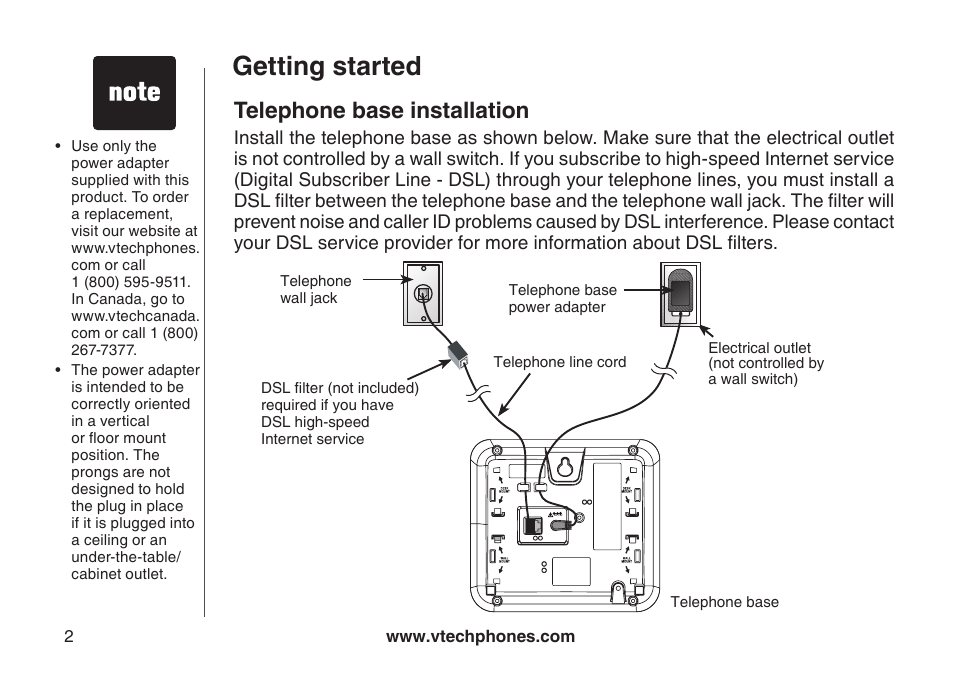 Telephone base installation, Getting started | VTech CS5123 User Manual | Page 6 / 69