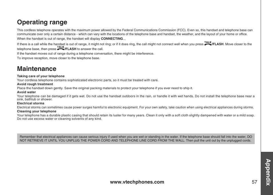 Operatng range, Mantenance, Operating range | Maintenance, Appendix | VTech CS5123 User Manual | Page 61 / 69