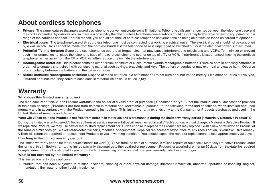 About cordless telephones, Warranty | VTech CS5123 User Manual | Page 62 / 69