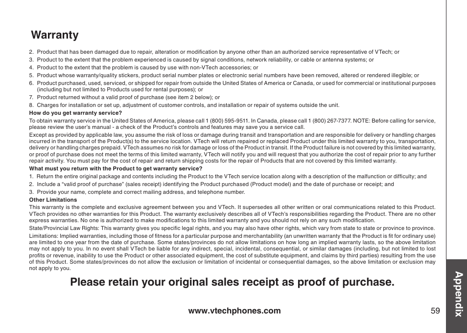 Warranty, Appendix | VTech CS5123 User Manual | Page 63 / 69