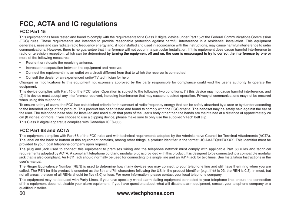 Fcc, acta and ic regulatons, Fcc, acta and ic regulations | VTech CS5123 User Manual | Page 64 / 69