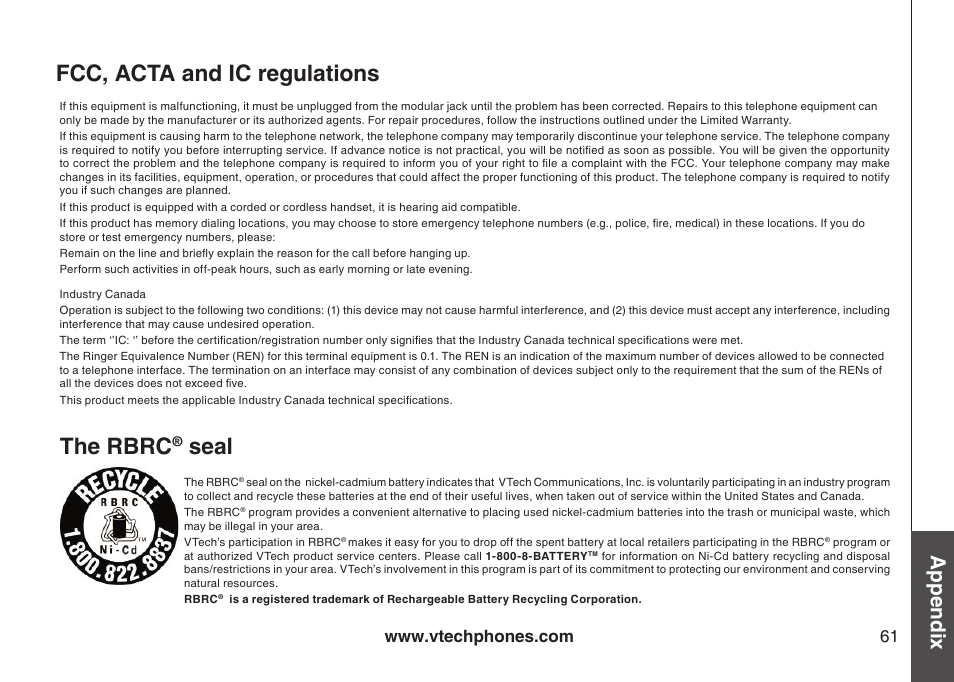 The rbrc, Seal, Fcc, acta and ic regulations the rbrc | Appendix | VTech CS5123 User Manual | Page 65 / 69