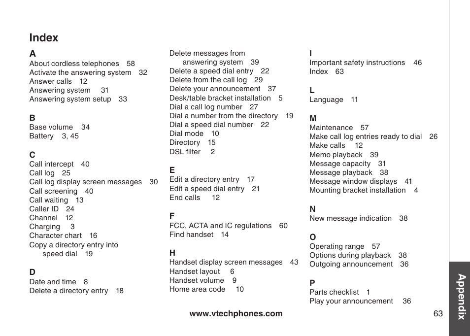 Index, Appendix | VTech CS5123 User Manual | Page 67 / 69