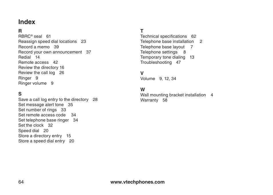 Index | VTech CS5123 User Manual | Page 68 / 69