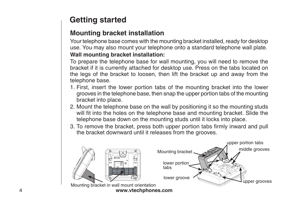 Mounting bracket installation, Getting started | VTech CS5123 User Manual | Page 8 / 69