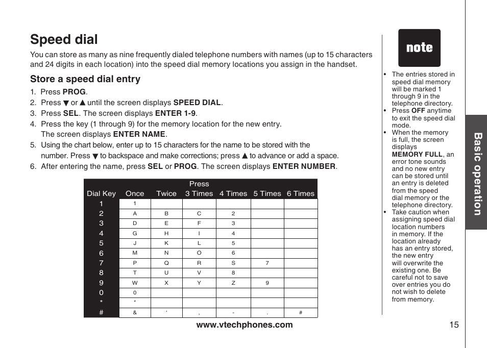 Speed dial, Bas ic o pe ra tio n, Store a speed dial entry | VTech gz5838 User Manual | Page 15 / 47