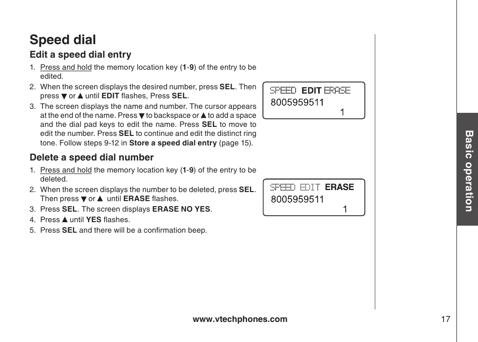 Speed dial, Bas ic o pe ra tio n | VTech gz5838 User Manual | Page 17 / 47