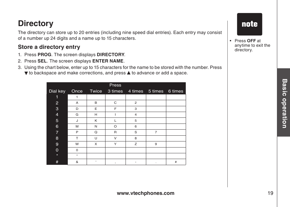 Directory, Bas ic o pe ra tio n, Store a directory entry | VTech gz5838 User Manual | Page 19 / 47
