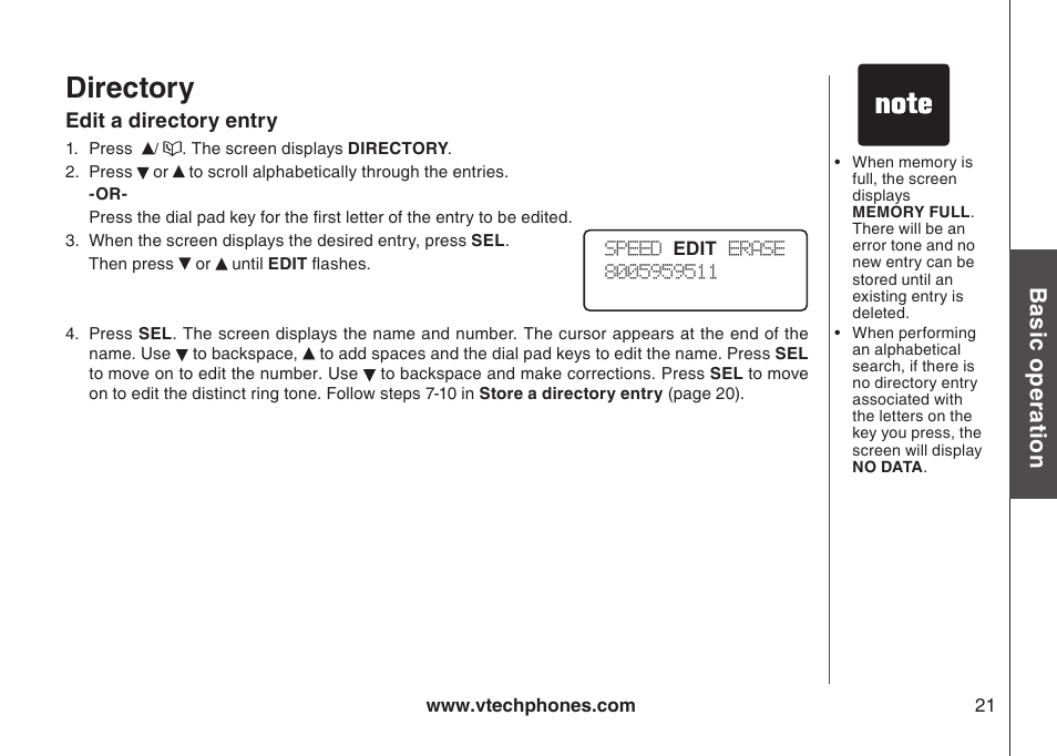 Directory, Bas ic o pe ra tio n | VTech gz5838 User Manual | Page 21 / 47