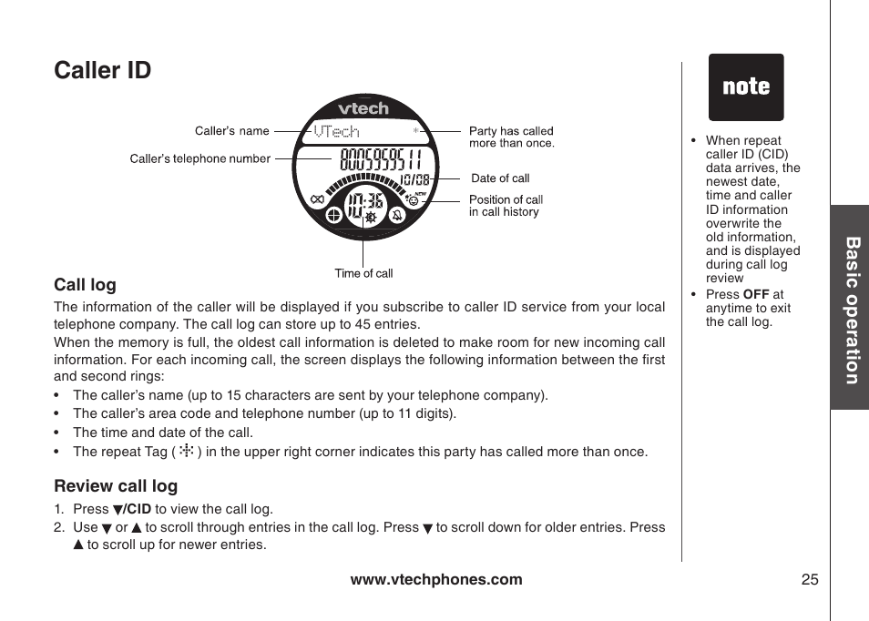 Caller id, Bas ic o pe ra tio n | VTech gz5838 User Manual | Page 25 / 47