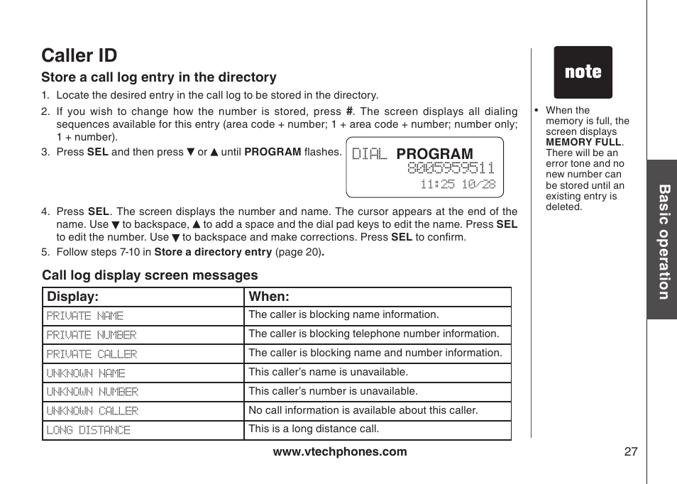 Caller id, Bas ic o pe ra tio n, Program | VTech gz5838 User Manual | Page 27 / 47