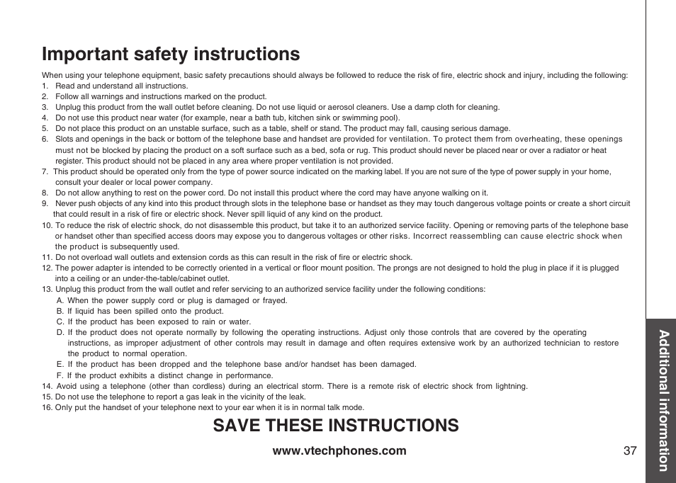 Important safety instructions, Save these instructions, Additional information | VTech gz5838 User Manual | Page 37 / 47