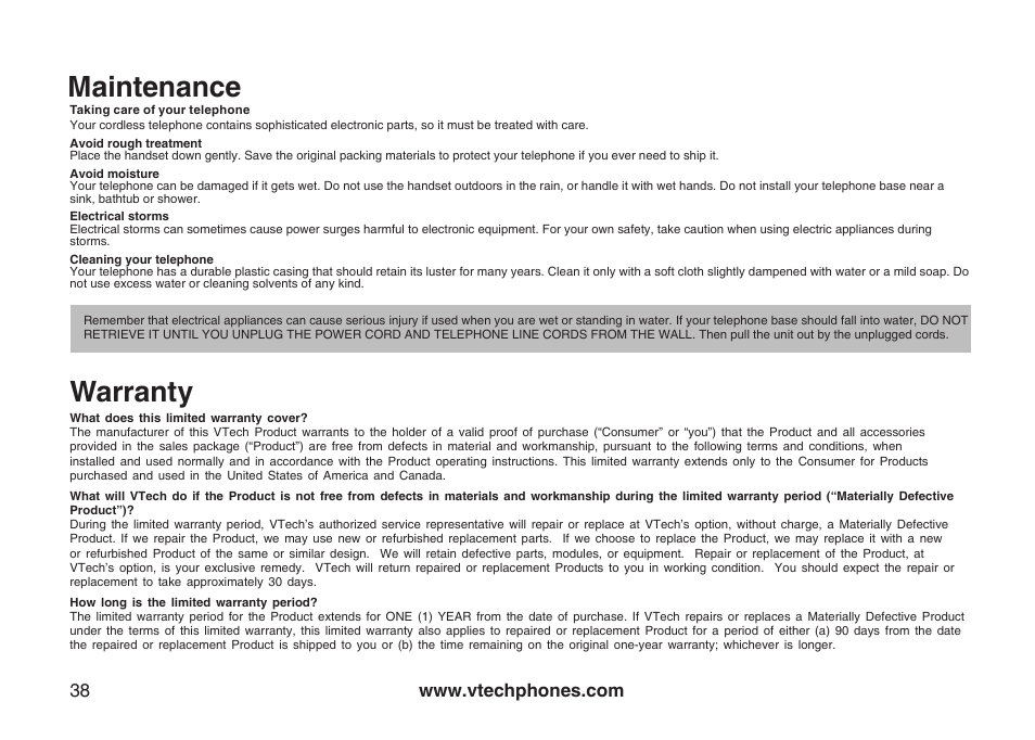 Maintenance, Warranty | VTech gz5838 User Manual | Page 38 / 47