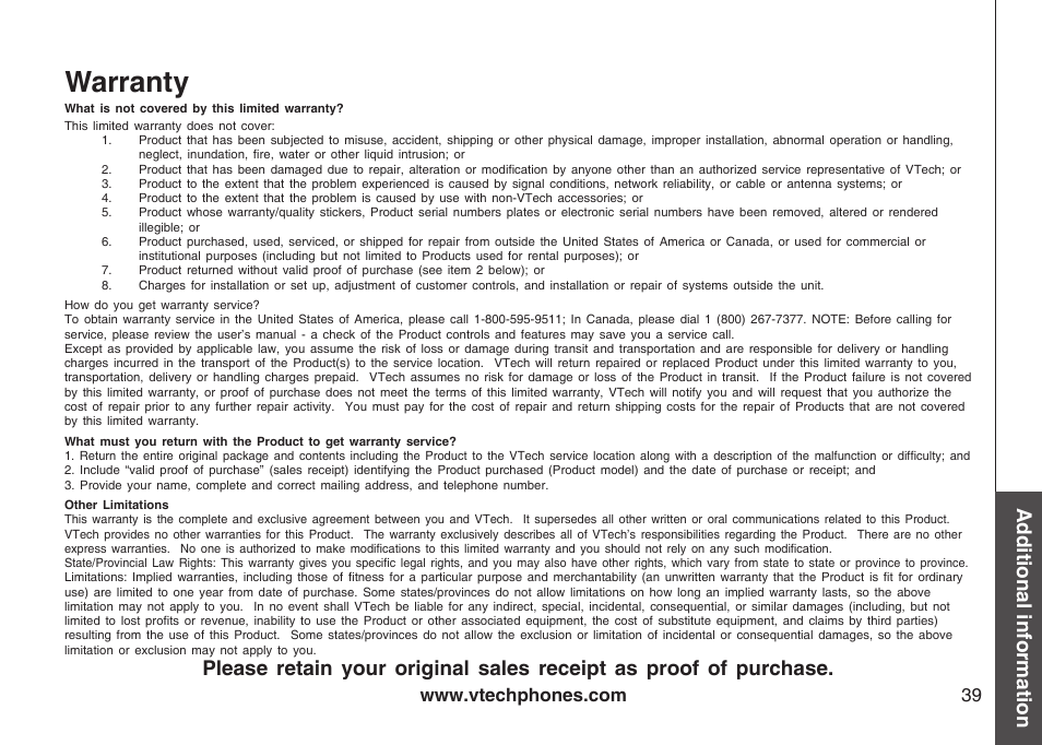 Warranty, Additional information | VTech gz5838 User Manual | Page 39 / 47