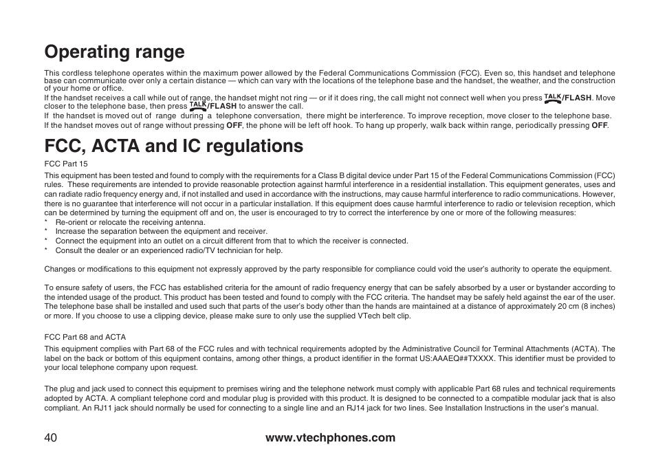 Fcc, acta and ic regulations, Operating range | VTech gz5838 User Manual | Page 40 / 47