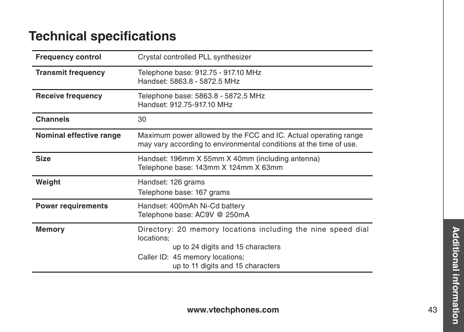 Technical specifications | VTech gz5838 User Manual | Page 43 / 47