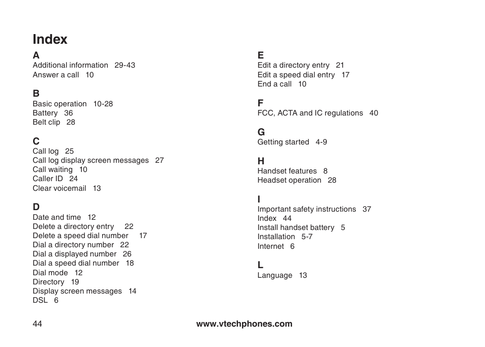 Index | VTech gz5838 User Manual | Page 44 / 47