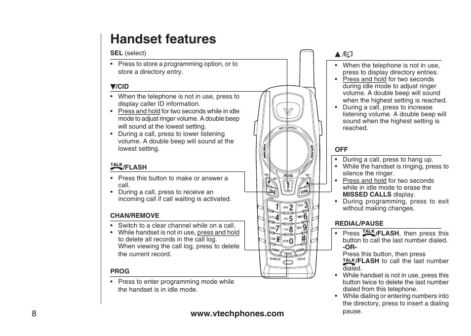 Handset features | VTech gz5838 User Manual | Page 8 / 47