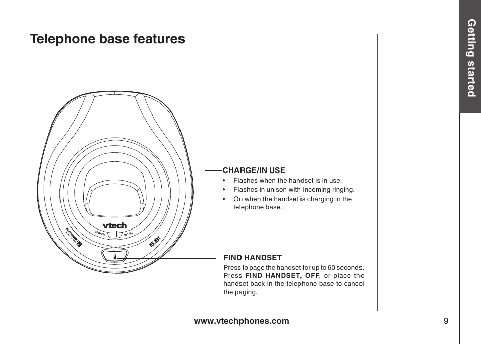 Telephone base features | VTech gz5838 User Manual | Page 9 / 47