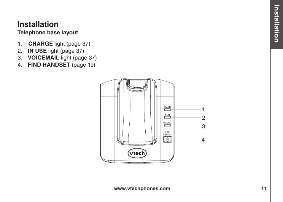 Telephone base layout, Installation | VTech DS3111-3 User Manual | Page 14 / 61