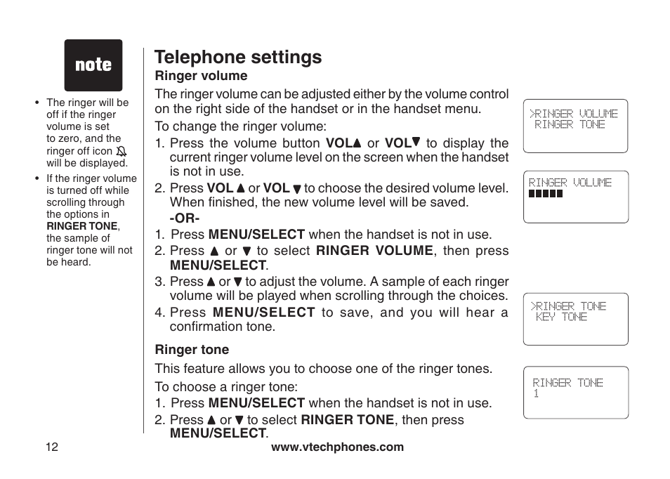 Ringer melody, Ringer volume, Ringer tone | Telephone settings | VTech DS3111-3 User Manual | Page 15 / 61