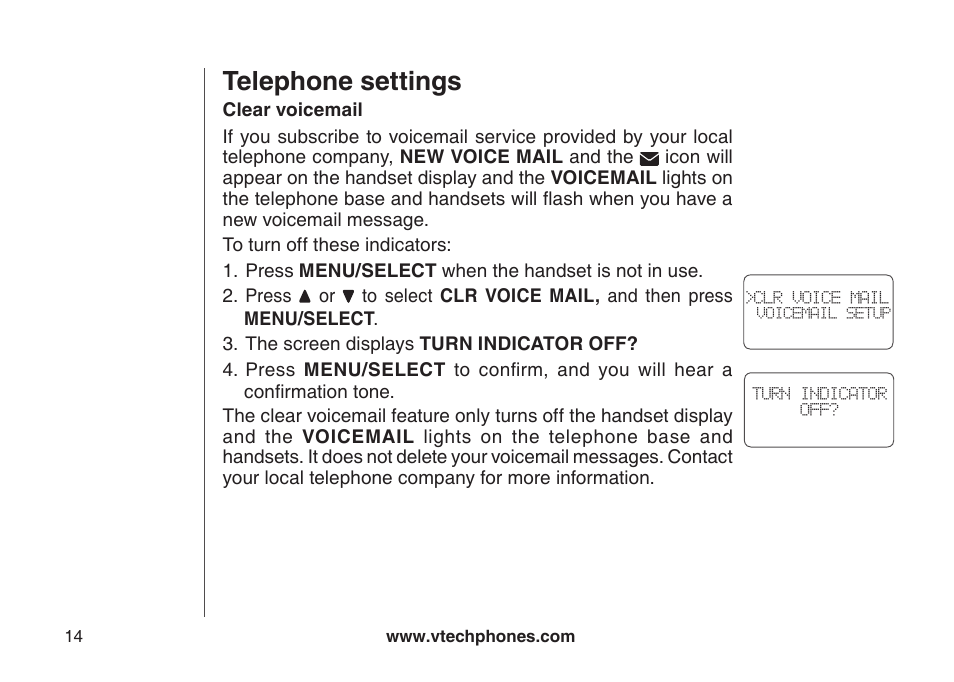 Clear voicemail, Telephone settings | VTech DS3111-3 User Manual | Page 17 / 61