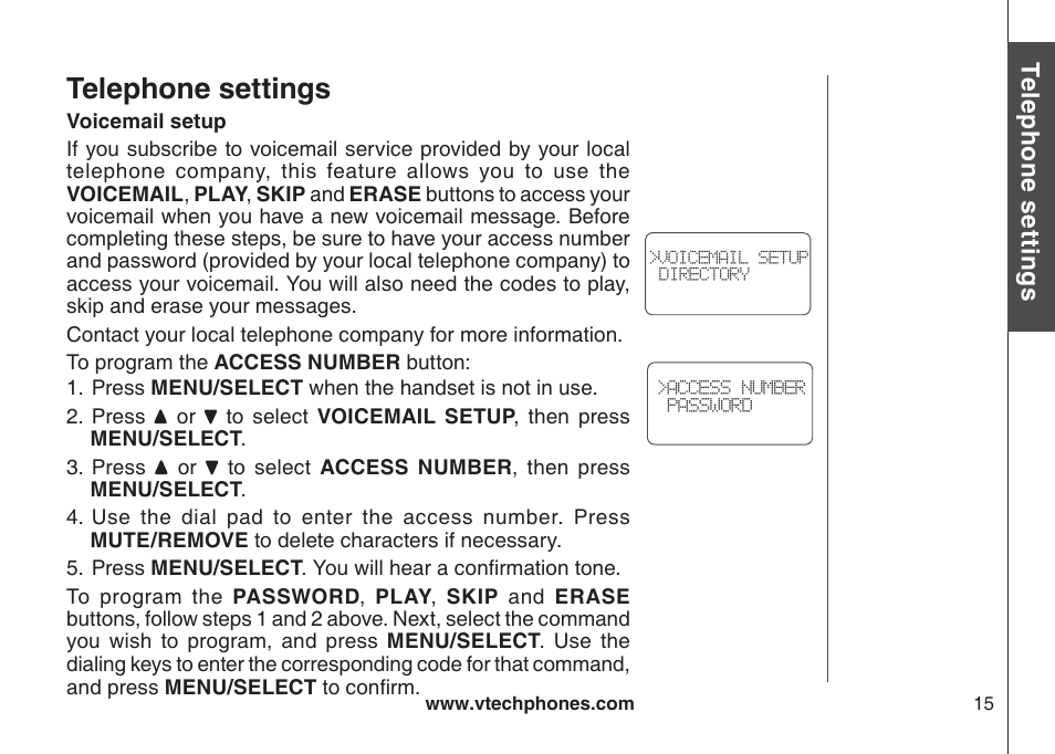 Voicemail setup, Telephone settings | VTech DS3111-3 User Manual | Page 18 / 61