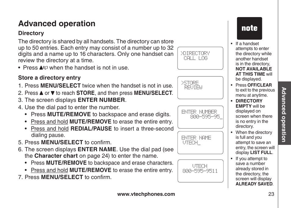 Advanced operation, Directory, Store a directory entry | VTech DS3111-3 User Manual | Page 26 / 61