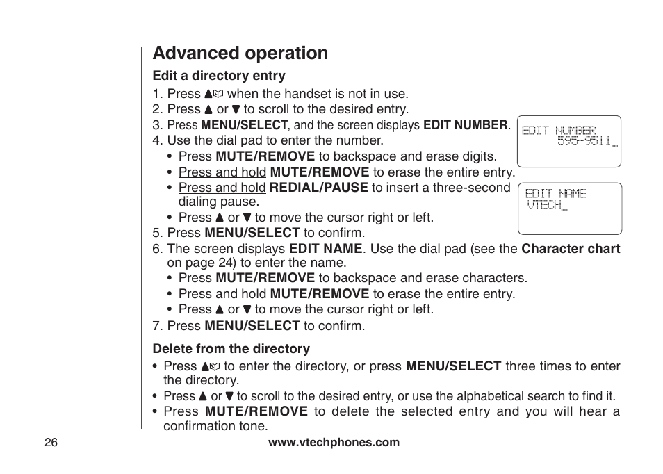 Edit a directory entry, Delete from the directory, Advanced operation | VTech DS3111-3 User Manual | Page 29 / 61