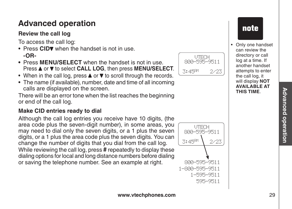 Review the call log, Dialing options, Advanced operation | VTech DS3111-3 User Manual | Page 32 / 61