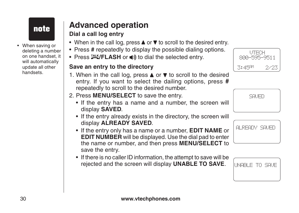 Dial a call log entry, Save an entry to the directory, Delete from the call log | Advanced operation | VTech DS3111-3 User Manual | Page 33 / 61