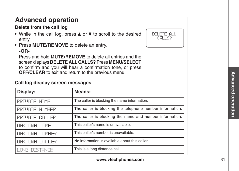 Call log display screen messages, Advanced operation | VTech DS3111-3 User Manual | Page 34 / 61