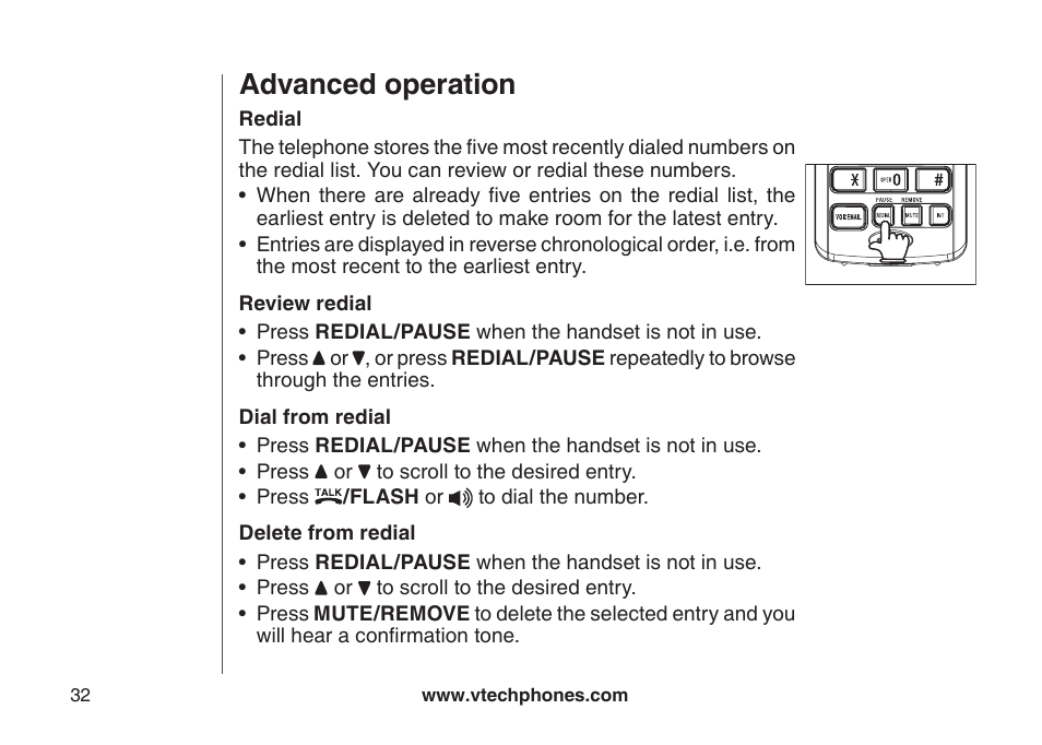 Redial, Review redial, Dial from redial | Delete from redial, Advanced operation | VTech DS3111-3 User Manual | Page 35 / 61