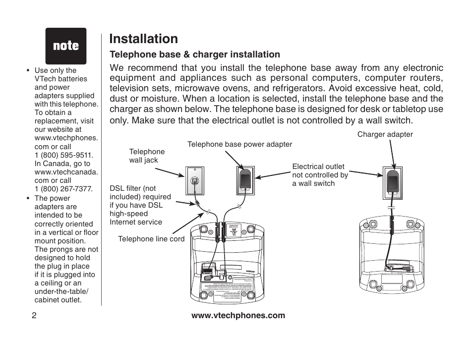 Telephone base installation, Telephone base & charger installation, Installation | VTech DS3111-3 User Manual | Page 5 / 61