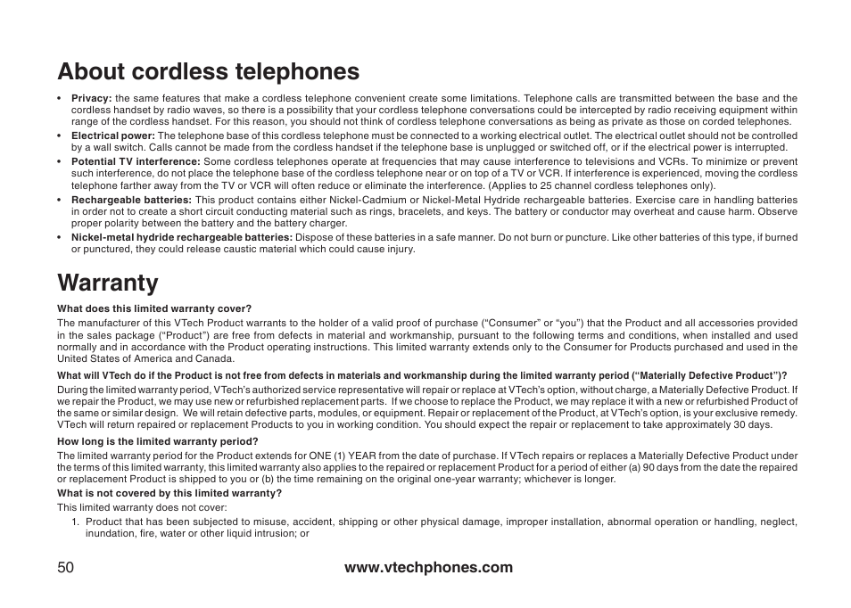 About cordless telephones, Warranty | VTech DS3111-3 User Manual | Page 53 / 61