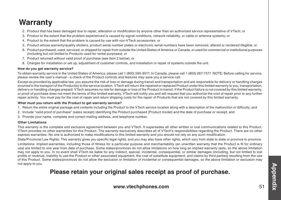 Warranty, Appendix | VTech DS3111-3 User Manual | Page 54 / 61