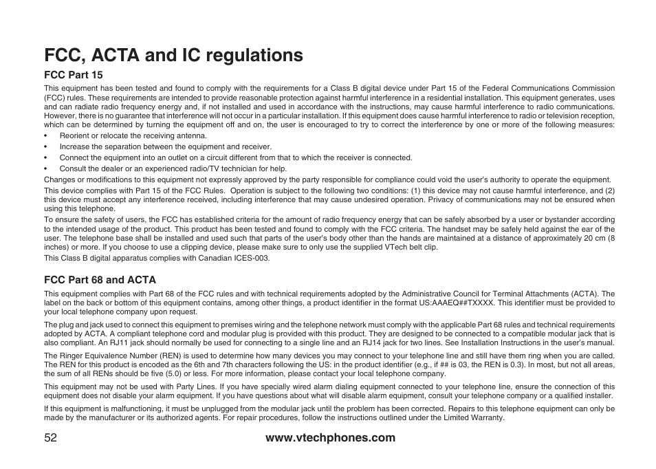 Fcc, acta and ic regulations | VTech DS3111-3 User Manual | Page 55 / 61