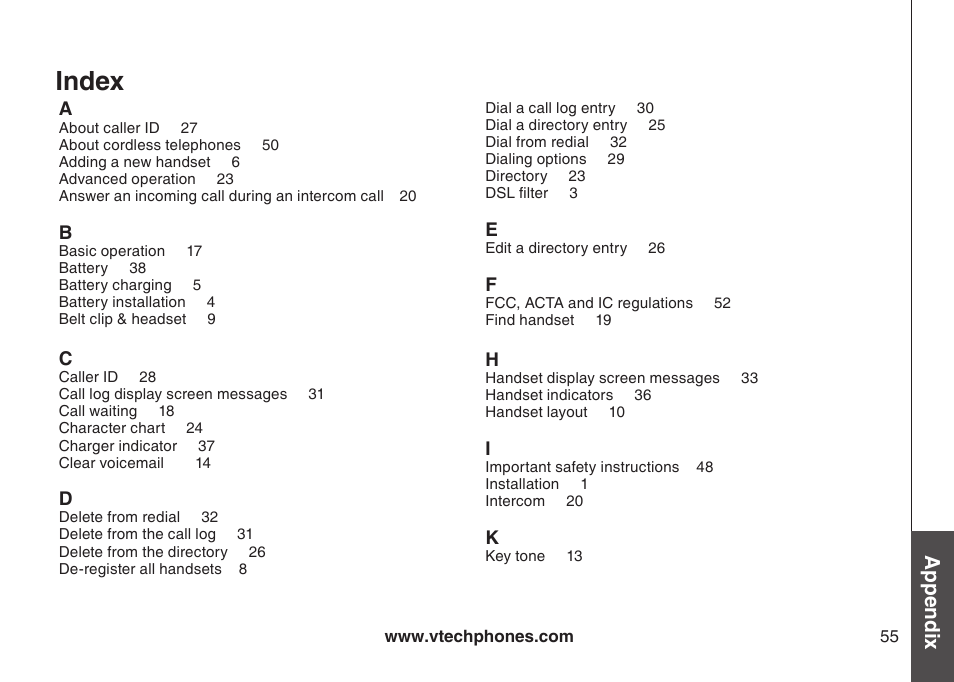 Index, Appendix | VTech DS3111-3 User Manual | Page 58 / 61
