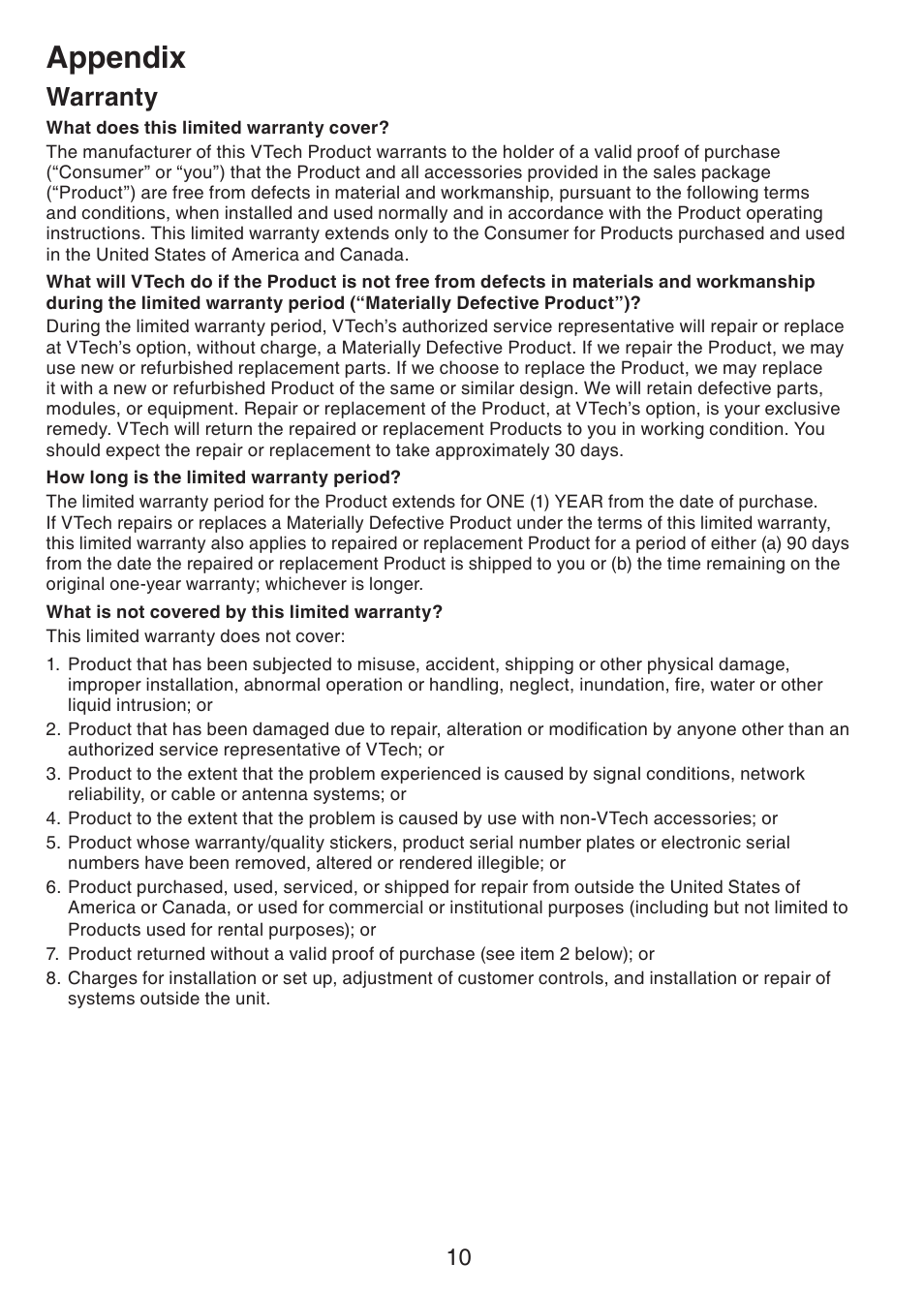 Warranty, Appendix | VTech CS6229-3 User Manual | Page 13 / 18