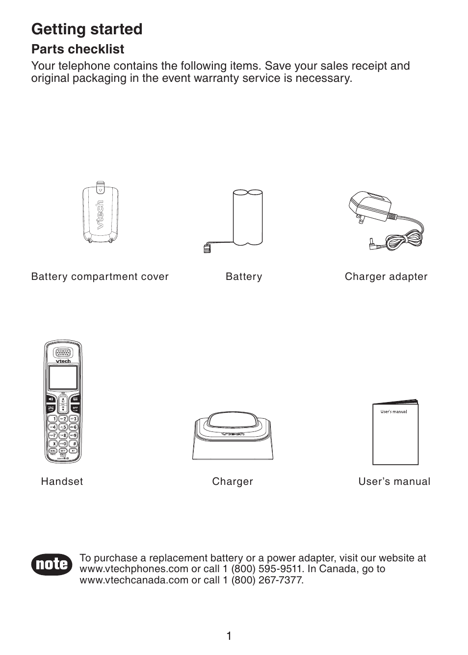 Getting started parts checklist, Getting started, Parts checklist | VTech CS6229-3 User Manual | Page 4 / 18