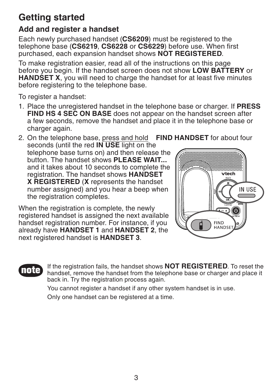 Add and register a handset, Getting started | VTech CS6229-3 User Manual | Page 6 / 18