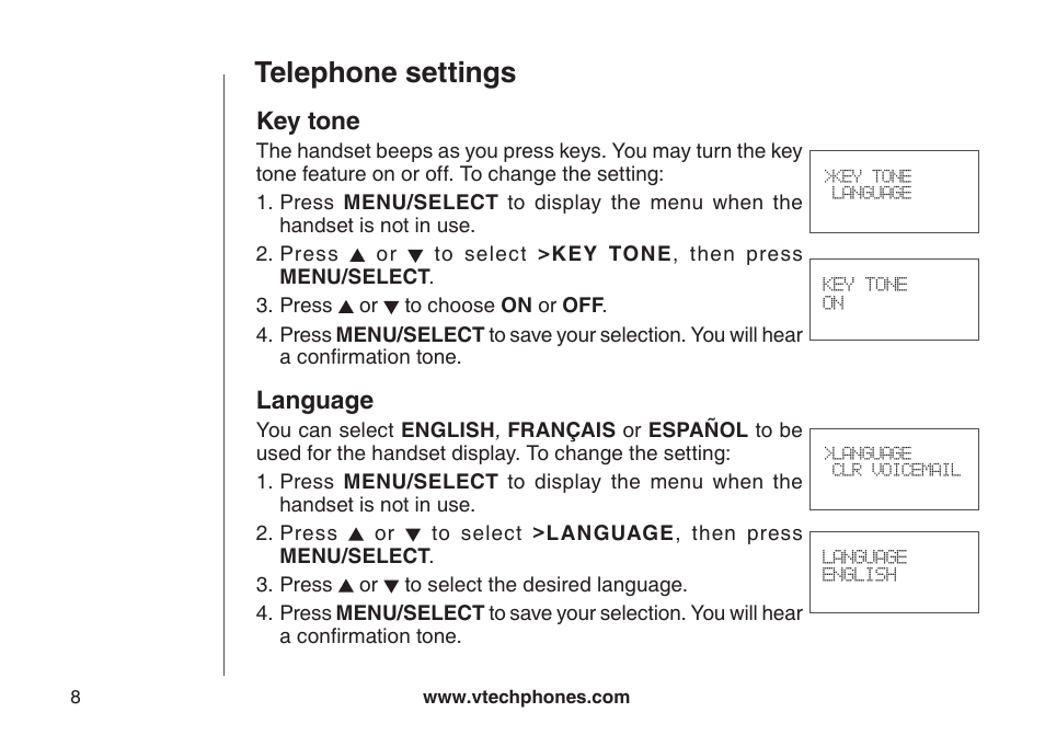 Key tone language, Telephone settings, Key tone | Language | VTech LS6126-3 User Manual | Page 11 / 77