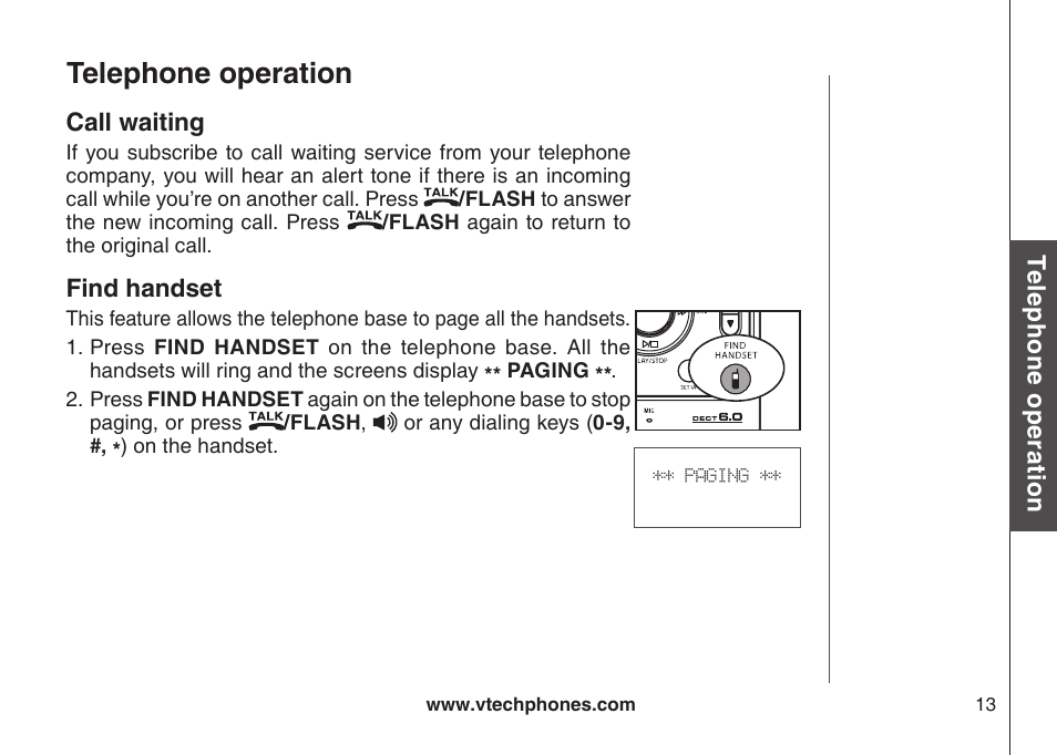 Call watng, Fnd handset, Telephone operation | VTech LS6126-3 User Manual | Page 16 / 77